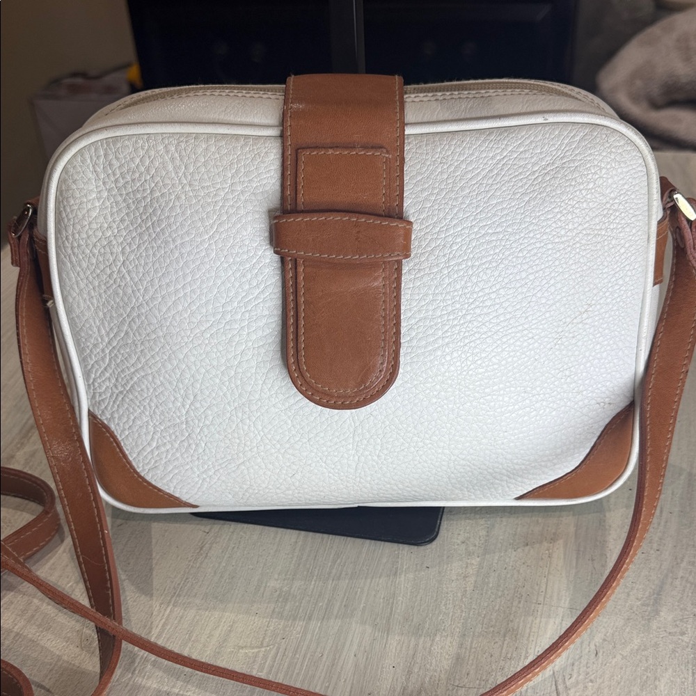 Saks Fifth Avenue Textured White and Brown Leather Camera/Shoulder Bag